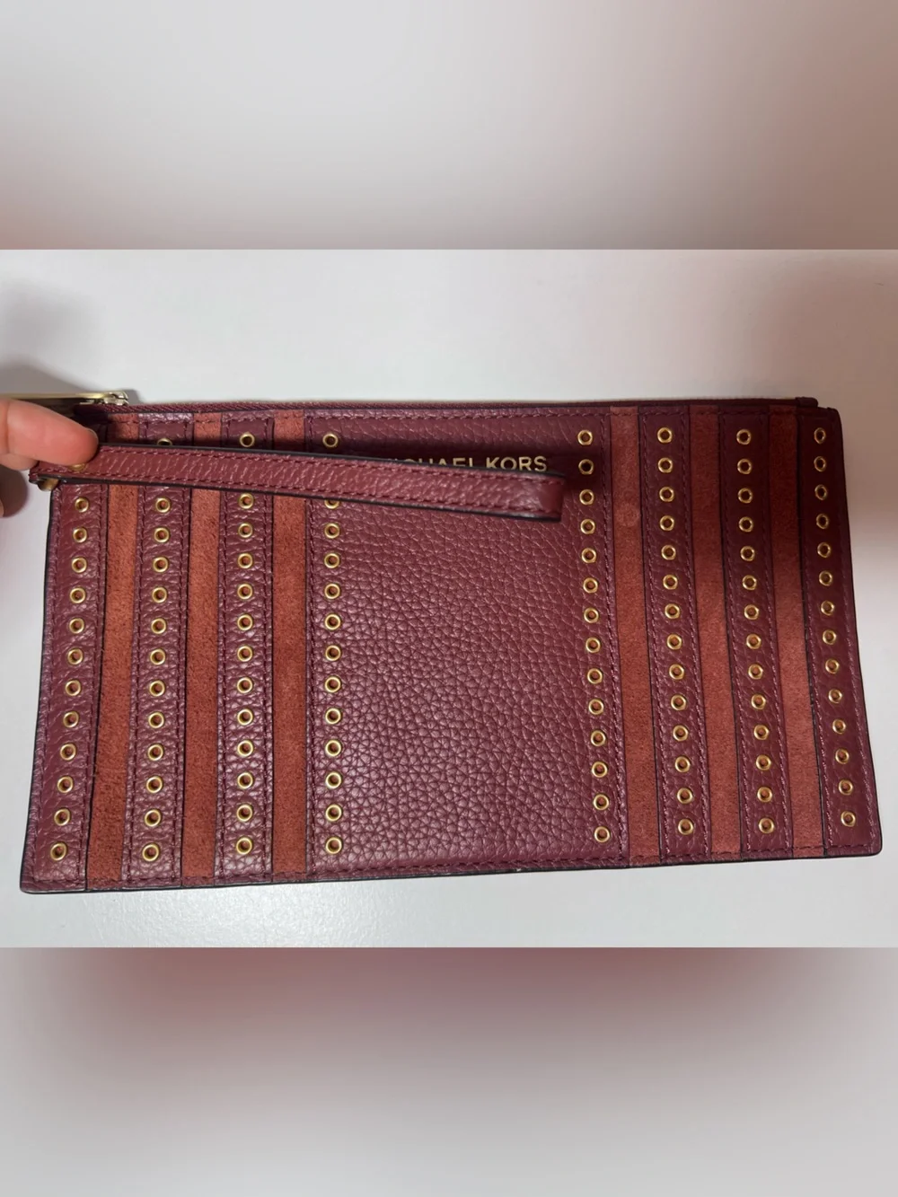Michael Kors Brooklyn Grommet Medium Phone Wristlet in Leather Brown Brick